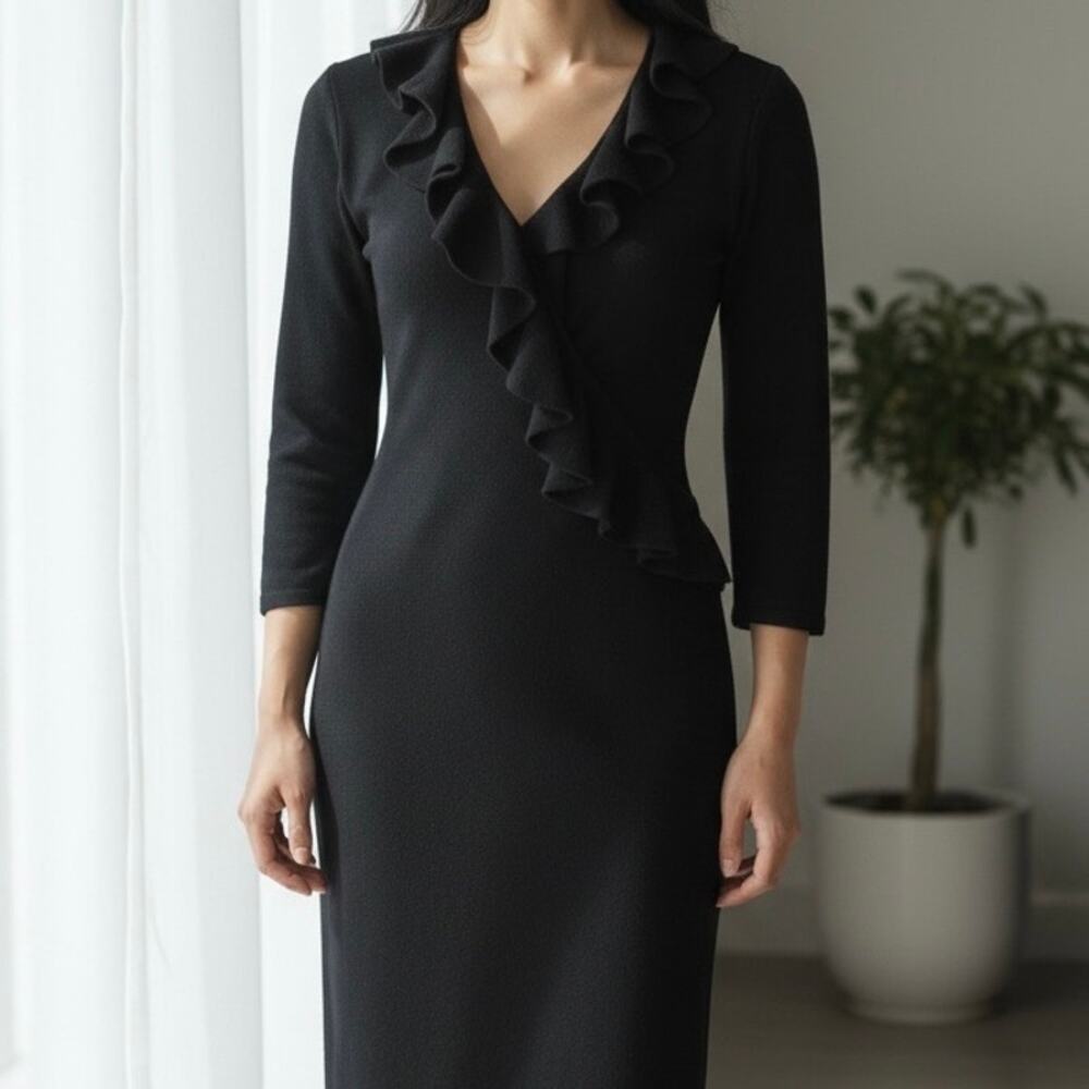 Lauren Ralph Lauren Cotton Blend Ruffle Sweater Knit Dress Women's Small Black